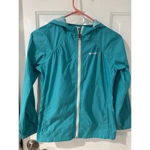 Columbia Teal Blue Hooded Windbreaker Jacket Kids‎ Medium Lightweight Full Zip